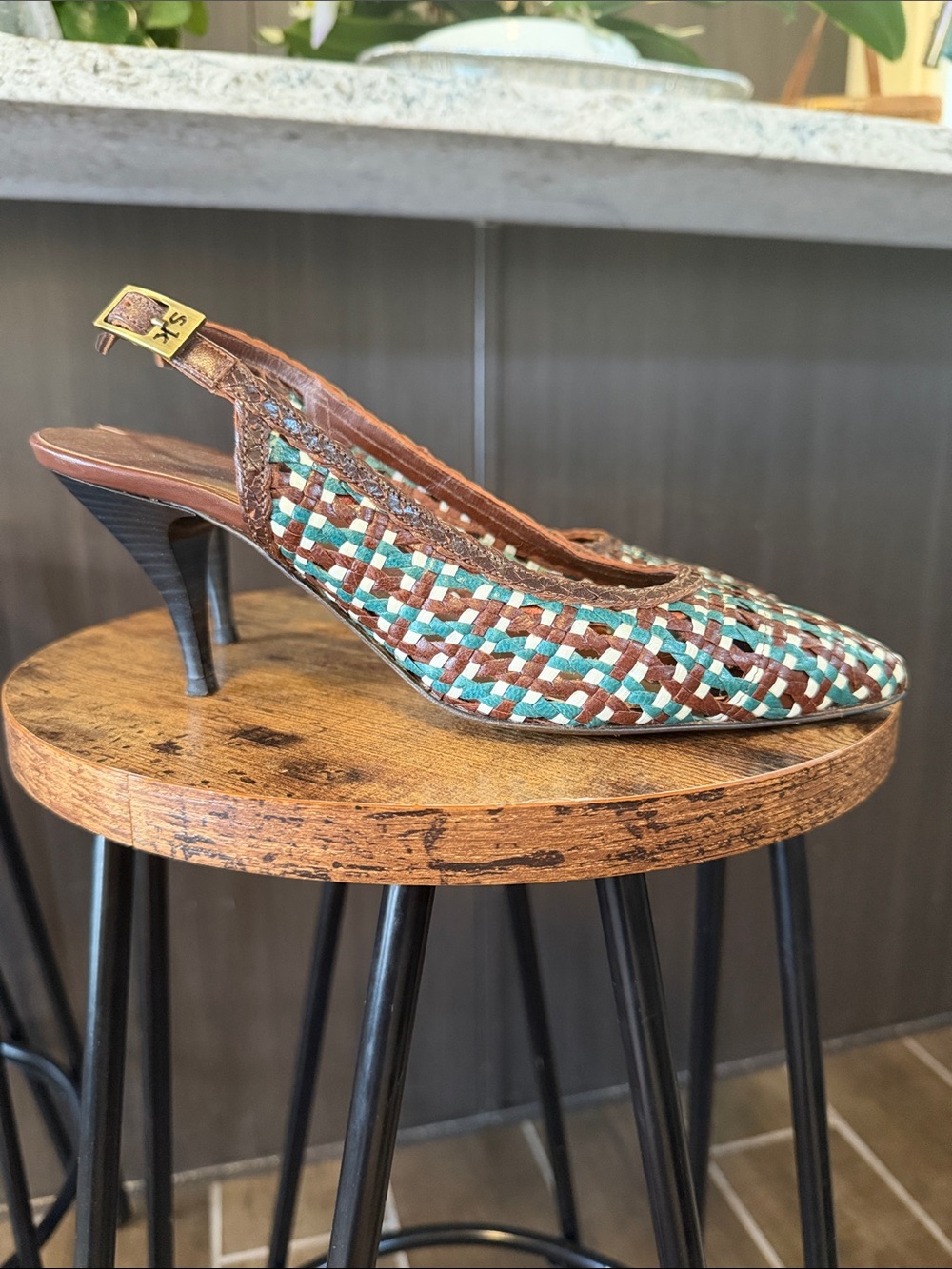 Stephane Kelian Brown and Turquoise Leather Woven Slingback Heels